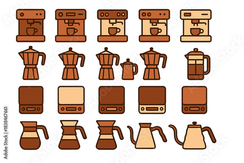 Different types of coffee makers and brewing tools arranged in a grid with cups showing coffee preparation options