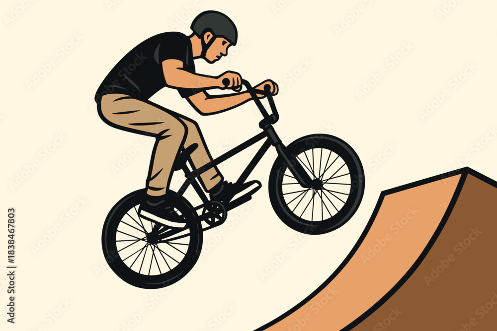 Obraz premium Biker performs a jump on a ramp while wearing a helmet during a BMX session in a skatepark