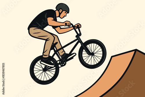 Biker performs a jump on a ramp while wearing a helmet during a BMX session in a skatepark