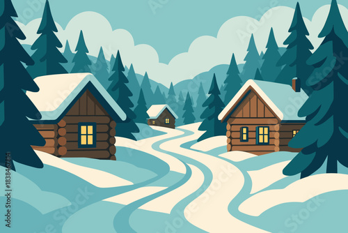 Winter scene with cabins and snow-covered paths in a quiet forest setting during the daytime
