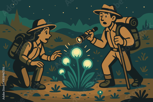Explorers discover glowing plants at night in a forest while using a flashlight to see their surroundings