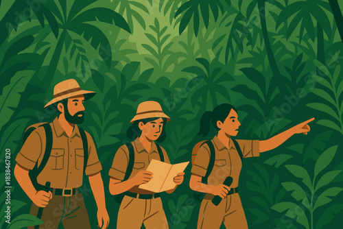 Group of explorers navigating through a dense jungle while reading a map and discussing their route in the afternoon sun