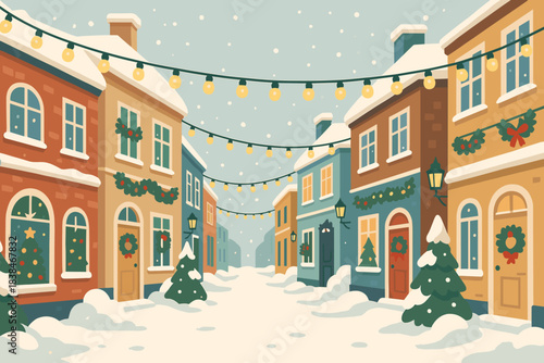 Snowy street with christmas decorations and lights in a winter scene