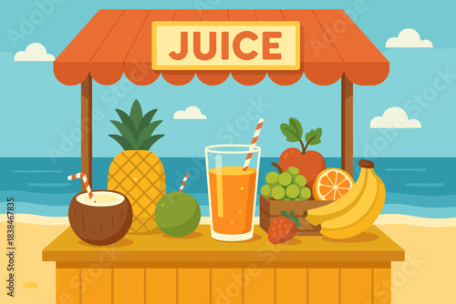 Juice stand at the beach with fresh fruits and drinks during a sunny day by the ocean
