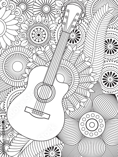 Guitar with flower coloring pages for adult
