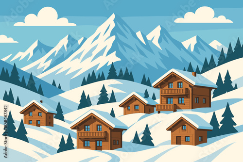 Snowy mountain landscape with wooden cabins and pine trees in a winter scene during daylight