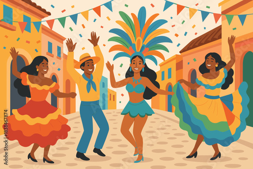 People dance during a street festival with colorful outfits and decorations in a vibrant town square