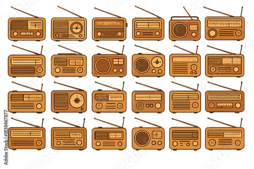 Variety of vintage radios arranged in a pattern showcasing different styles and designs