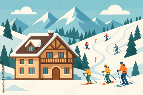 Group of skiers enjoying winter sport near lodge with snow-covered mountains in background and clear blue sky