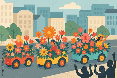 Cheerful parade with colorful flower-covered cars and happy people waving in a city street