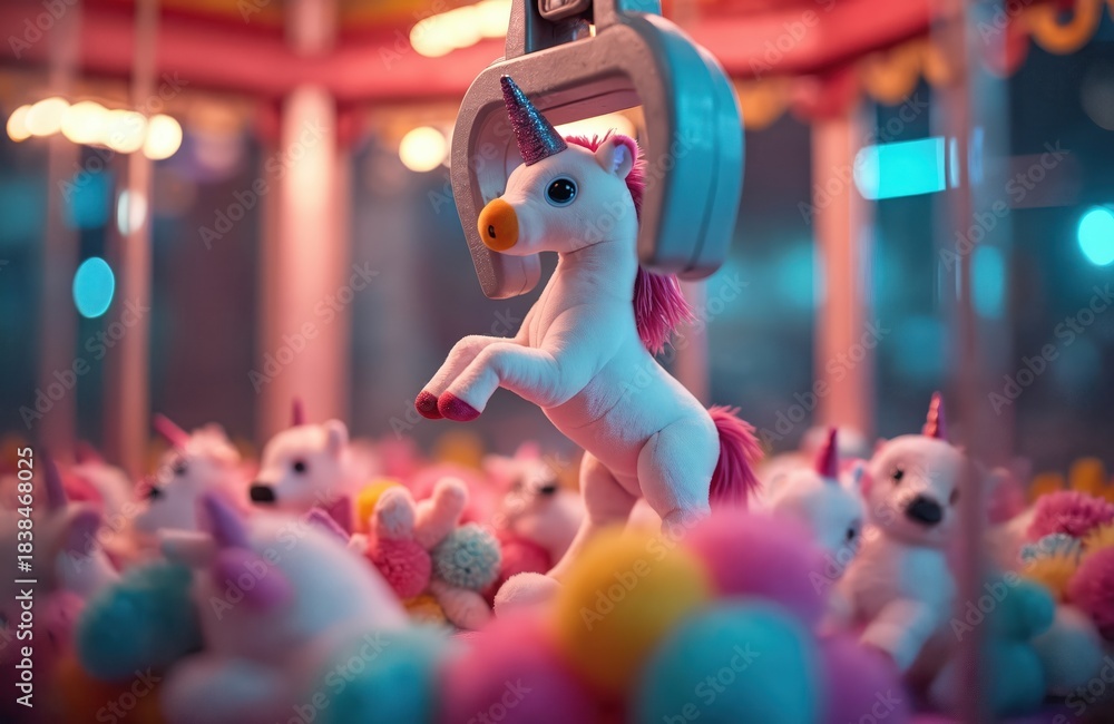 Fototapeta premium Claw machine crane grabs stuffed unicorn toy. Colorful plush animals fill amusement arcade. Try winning prize, fun game for kids and adults, chance for success.