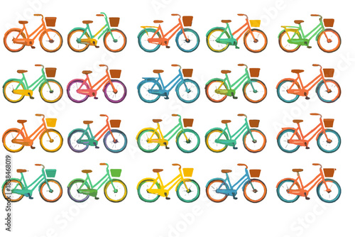 Different colored bicycles lined up in a neat arrangement in a bright setting during daytime