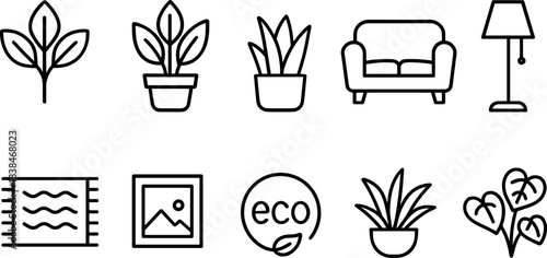 Home decor and interior elements icon set. Furniture, plants, frames, lamp, shelves outline symbols