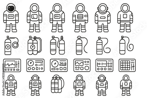 Different types of space suits, equipment, and control panels designed for astronauts in various space missions