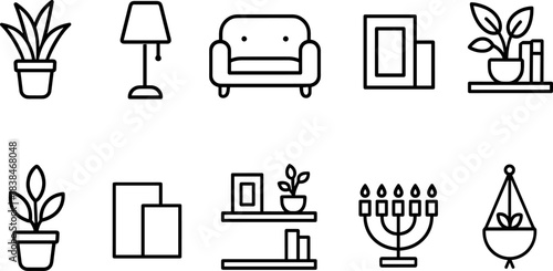 Home decor and interior elements icon set. Furniture, plants, frames, lamp, shelves outline symbols