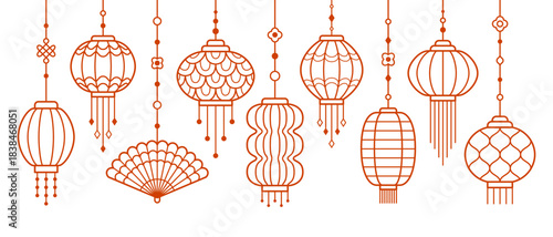 Line art chinese new year border of red asian hanging ornate lanterns and fan. Traditional asian decoration. EPS 10 vector illustration