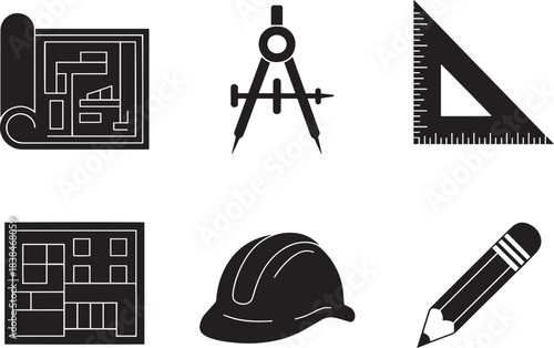 Architectural drawings and tools set blueprint compass ruler hard hat and pencil vector