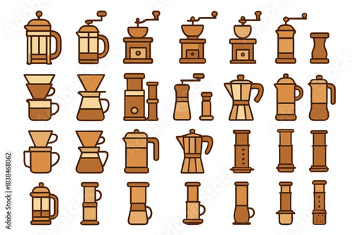 Collection of coffee brewing tools in various styles and shapes displayed in a grid format for coffee enthusiasts and makers