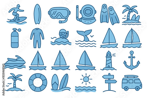 Collection of summer beach and water activities with different elements related to surf, boating, and marine life