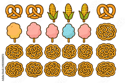 Treats on display at a fair with pretzels, corn, cotton candy, and funnel cake