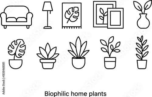 Home decor and interior elements icon set. Furniture, plants, frames, lamp, shelves outline symbols