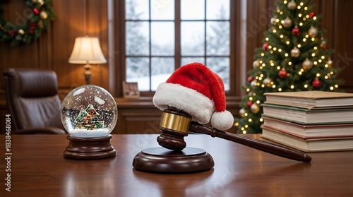 Gavel With Santa Hat And Snow Globe On Desk In Office Decorated For