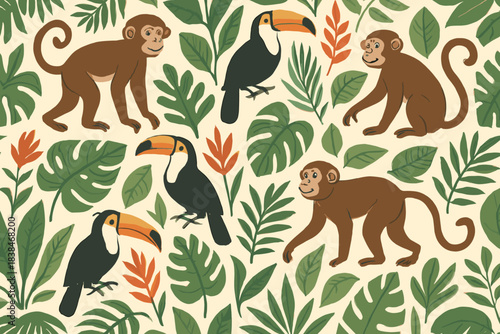 Monkeys and toucans in a tropical forest scene with leaves and plants