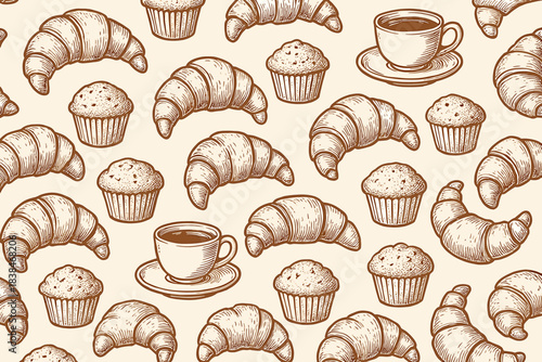 Croissants and muffins create a pattern on a light background with cups of coffee