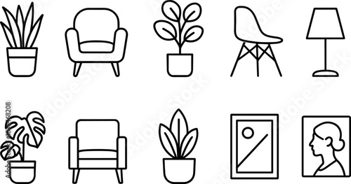 Home decor and interior elements icon set. Furniture, plants, frames, lamp, shelves outline symbols