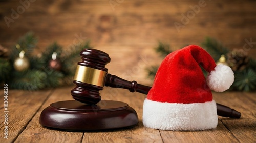 Christmas Gavel and Santa Hat on Wooden Table with Festive Pine