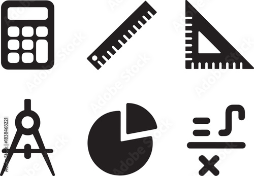 Calculator ruler protractor compass pie chart math signs vector illustration set