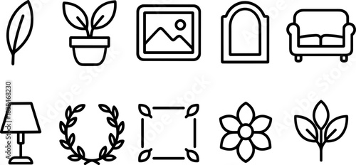 Home decor and interior elements icon set. Furniture, plants, frames, lamp, shelves outline symbols