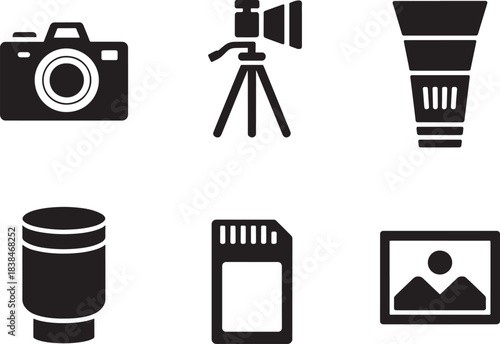 Camera equipment icon set including a camera tripod lens memory card and image display