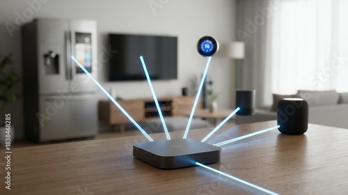 Smart Home Hub Connecting Devices With Blue Light Beams in a Modern