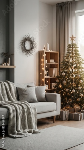 Cozy living room with christmas decorations and a beautifully lit christmas tree