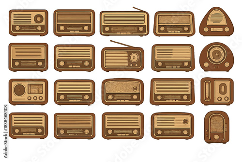 Different styles of vintage radios displayed on a wall with various shapes and designs in a simple arrangement