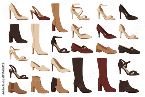 Collection of various shoe designs displayed in different colors and styles for fashion or designer use