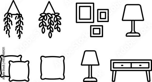 Home decor and interior elements icon set. Furniture, plants, frames, lamp, shelves outline symbols