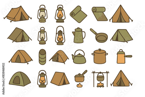 Various camping items and tents shown in a layout for outdoor adventures and activities in nature settings