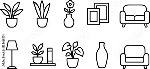 Home decor and interior elements icon set. Furniture, plants, frames, lamp, shelves outline symbols