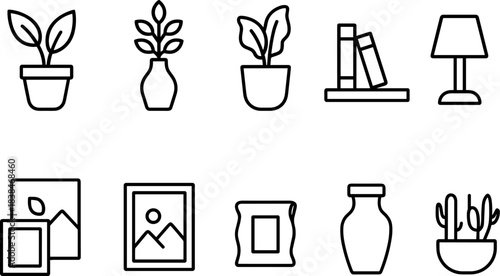 Home decor and interior elements icon set. Furniture, plants, frames, lamp, shelves outline symbols