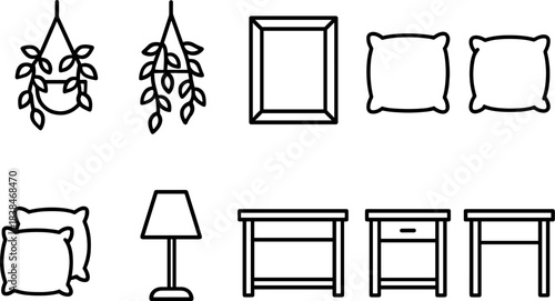 Home decor and interior elements icon set. Furniture, plants, frames, lamp, shelves outline symbols