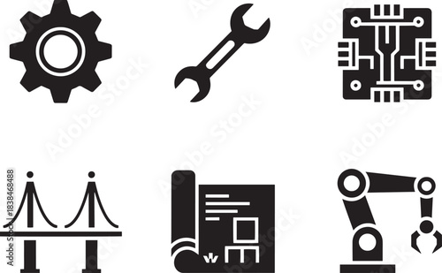 Industrial engineering icons set, including gear, wrench, circuit, bridge, blueprint, robot