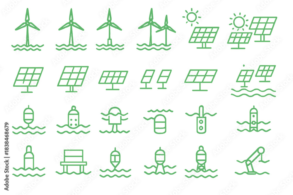 custom made wallpaper toronto digitalWind turbines and solar panels on water with buoys and people engaging in activities shown in simple green drawings