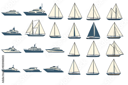 Different types of boats and yachts drawn in a simple style on a white background