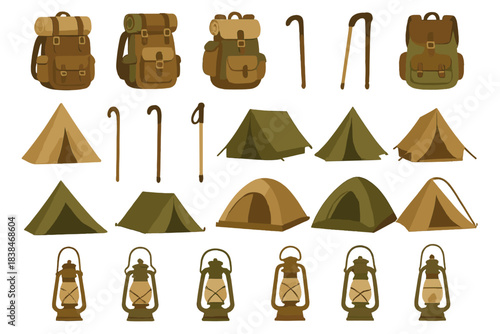 Camping gear and equipment including backpacks, tents, walking sticks, and lanterns arranged in a simple layout