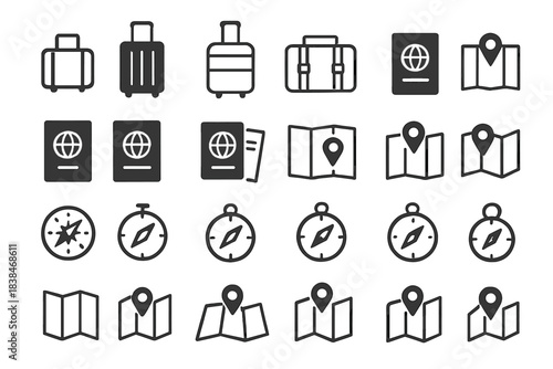 Travel symbols and items in black and white showing bags, passports, maps, and compasses for planning trips