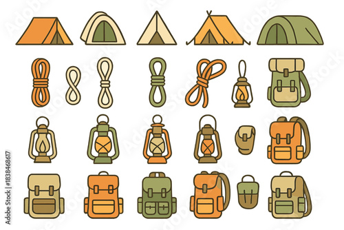 Camping gear set with tents, lanterns, ropes, and backpacks for outdoor adventures and exploration