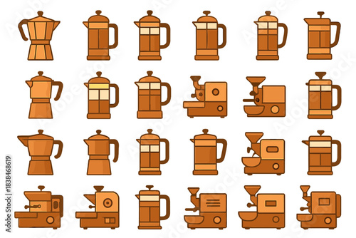 Different types of coffee makers and brewing devices arranged in a grid layout for easy comparison and selection