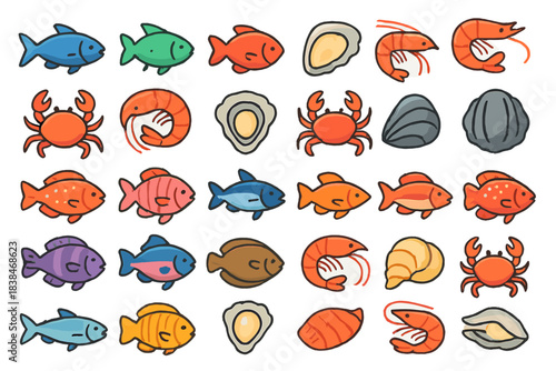 Collection of colorful fish and seafood illustrations in various shapes and sizes on a white background showing marine life diversity